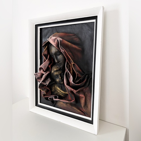 Vintage Other - Vintage Framed Leather Madonna & Child Wall Art Sculptural Relief 18.25”x14.25”